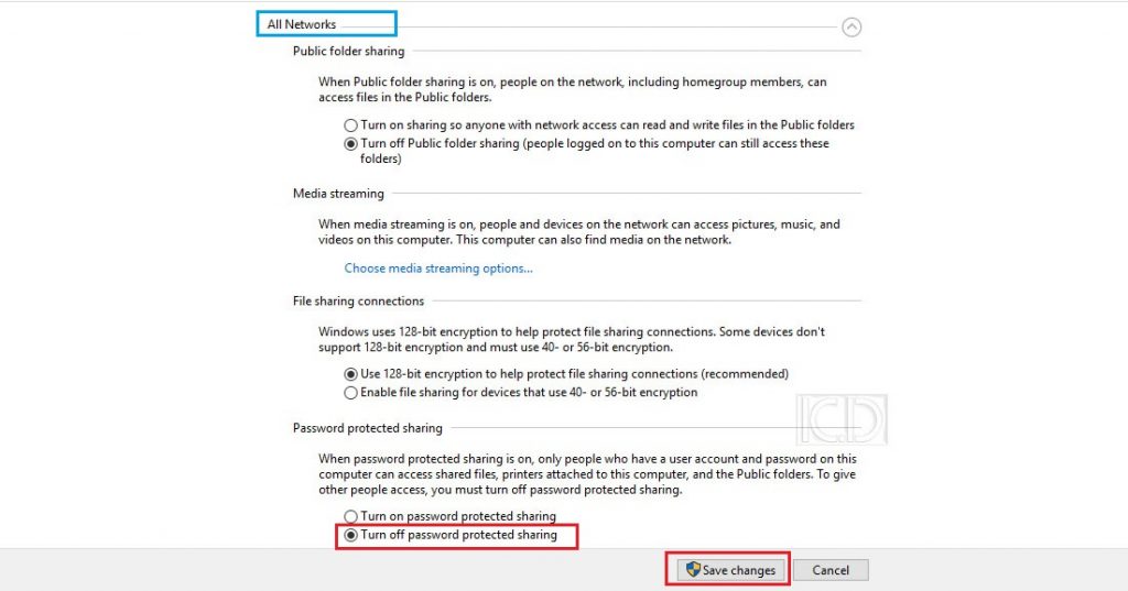 all networks - advance sharing settings