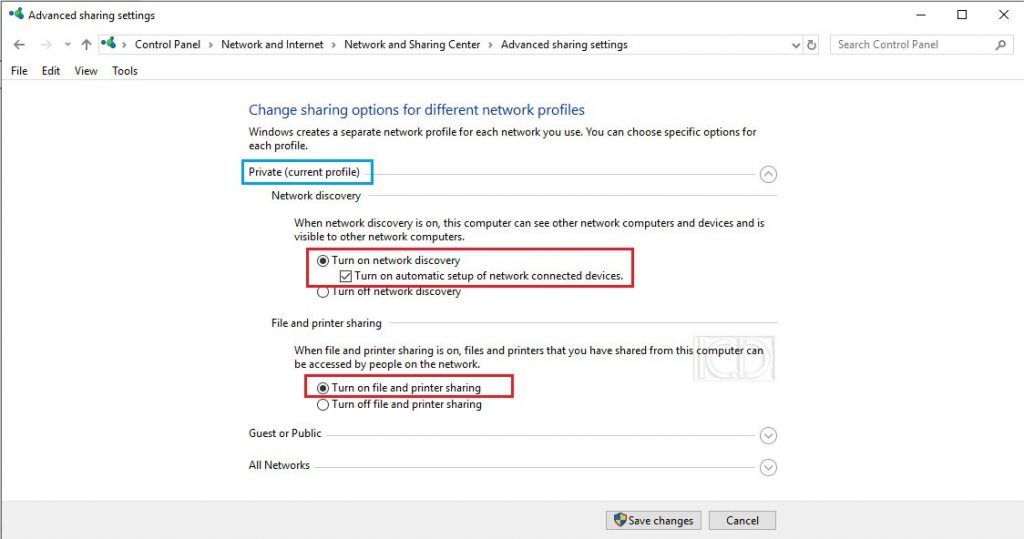 private network - advance sharing settings